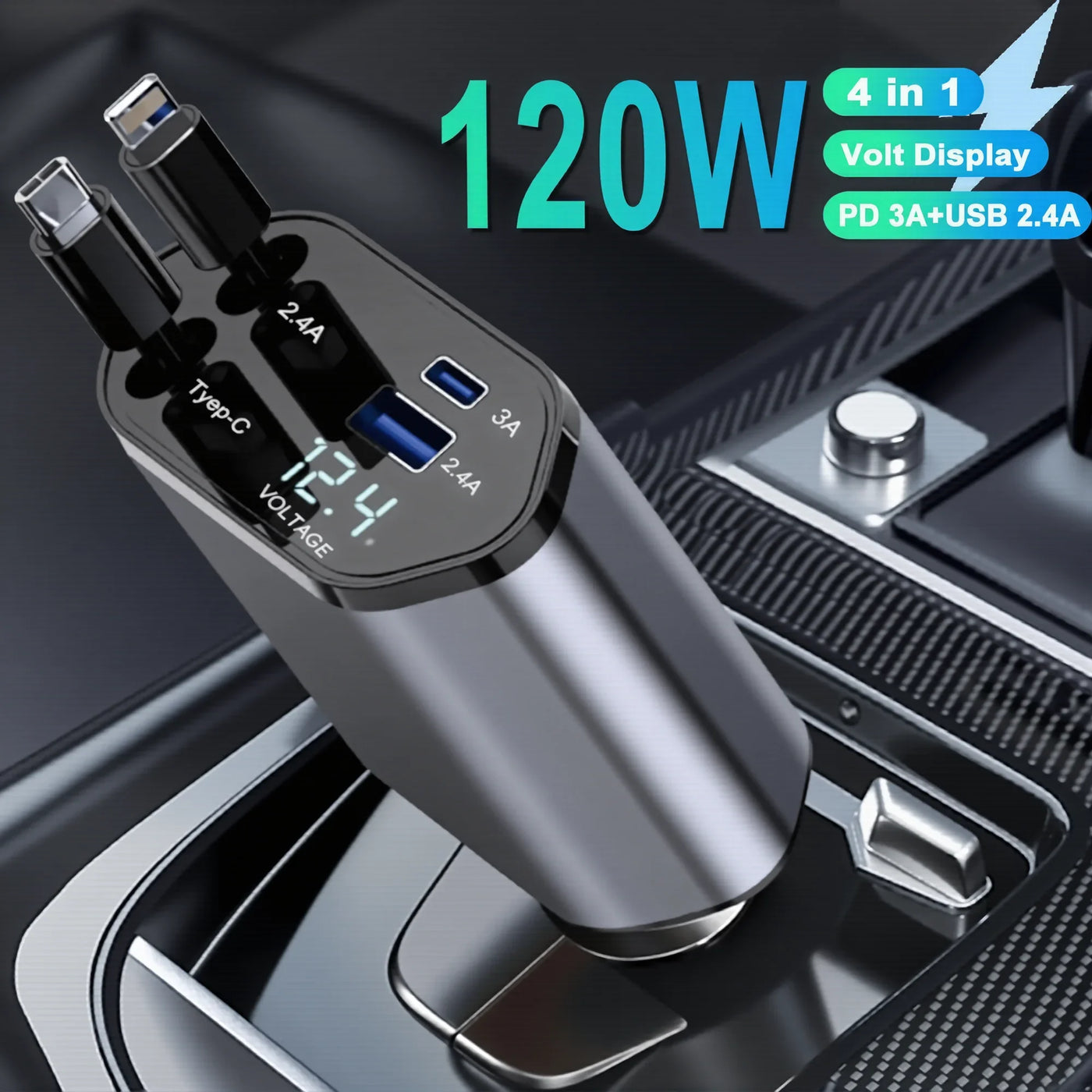 شاحن سريع للسيارة بمنفذ USB-C قابل للسحب | Fast Retractable Car Charger with USB-C Port
